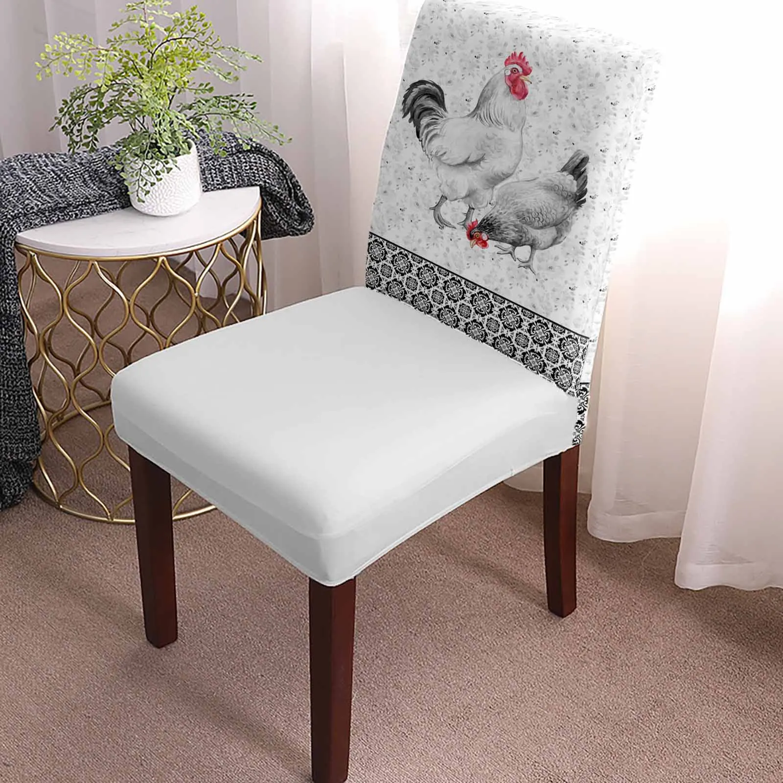 Retro Rooster Hen Floral Texture Dining Chair Covers Spandex Stretch Seat Cover for Wedding Kitchen Banquet Party Seat Case