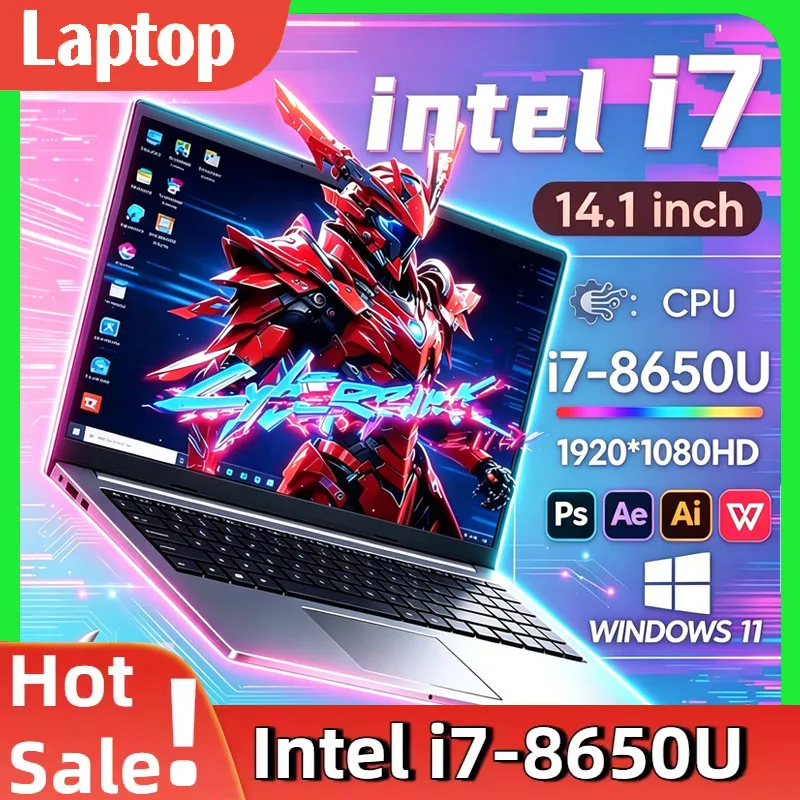 Новый ультратонкий ноутбук 2026 года, 14.1 дюйма, Intel Core i7-8650U, Windows 11 Pro, 32 ГБ ОЗУ, 2 ТБ M.2 SSD, для офиса и учебы