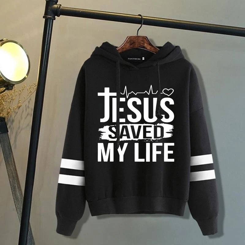 

New Jesus Saved My Life Printed Long Sleeve Pullover Hoodies For Women And Men Casual Sweatshirts Autumn Winter Stripe Hoodies