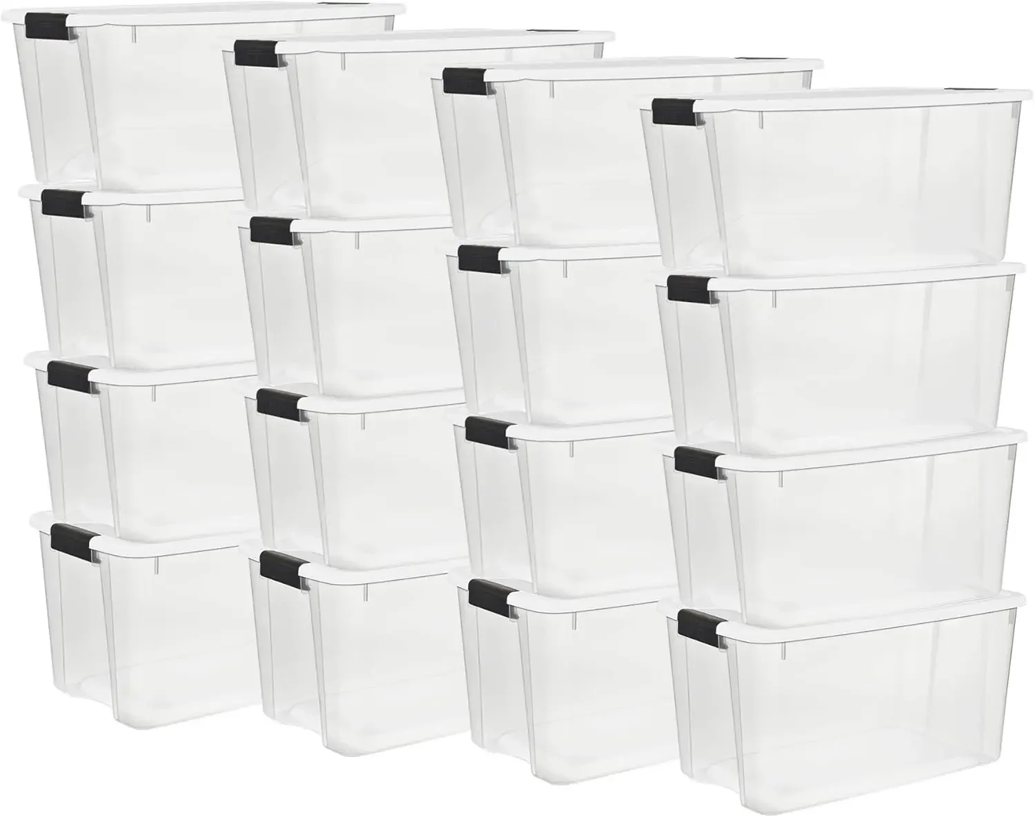Clear Plastic Storage Containers Latching Lids 16 Pack 70 Quart Organizing Bins For Closet Bathroom Office