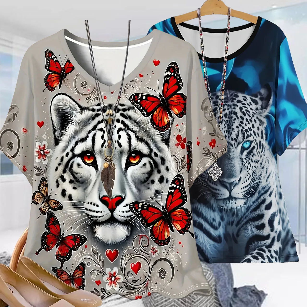 

Women Fashion Casual Plus Size Round Neck Short Sleeved T-shirt with Tiger Pattern Quick Drying Breathable Comfortable Home Top