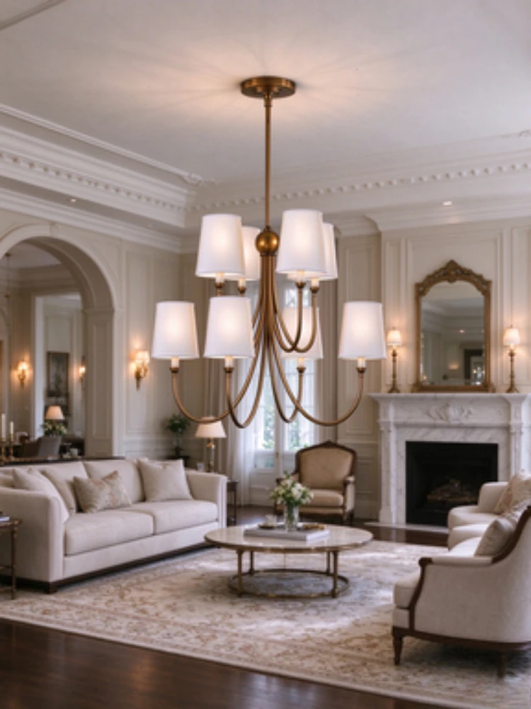 Copper American style minimalist neoclassical villa hotel, living room, clubhouse, dining room, lighting fixtures, pendant lamps
