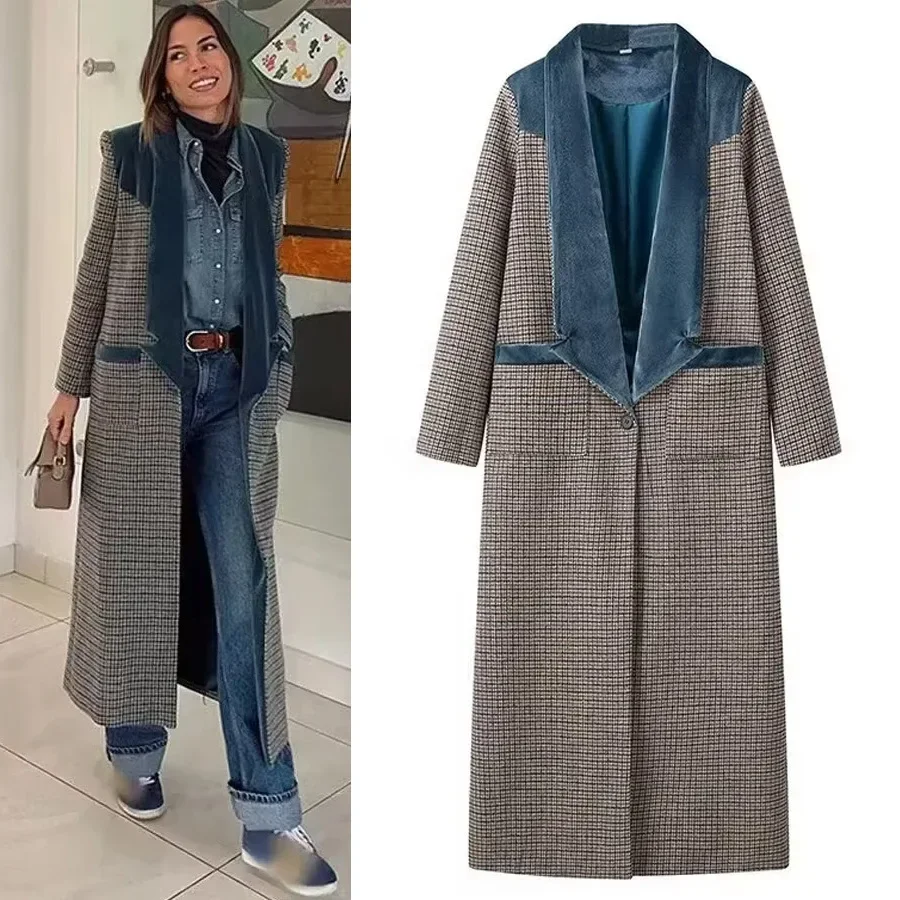 Abrigo de lana a cuadros a la moda para mujer, cuello en V profundo, manga larga, cuello levantado, estilo estación independiente, ropa de talla grande