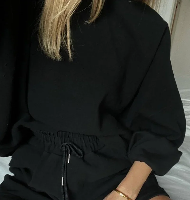 Women Autumn Winter Streetwear Tracksuits New Two-piece Suits Loose Sweatshirt and Soild Sports Shorts Sets 2 Piece Solid Suits