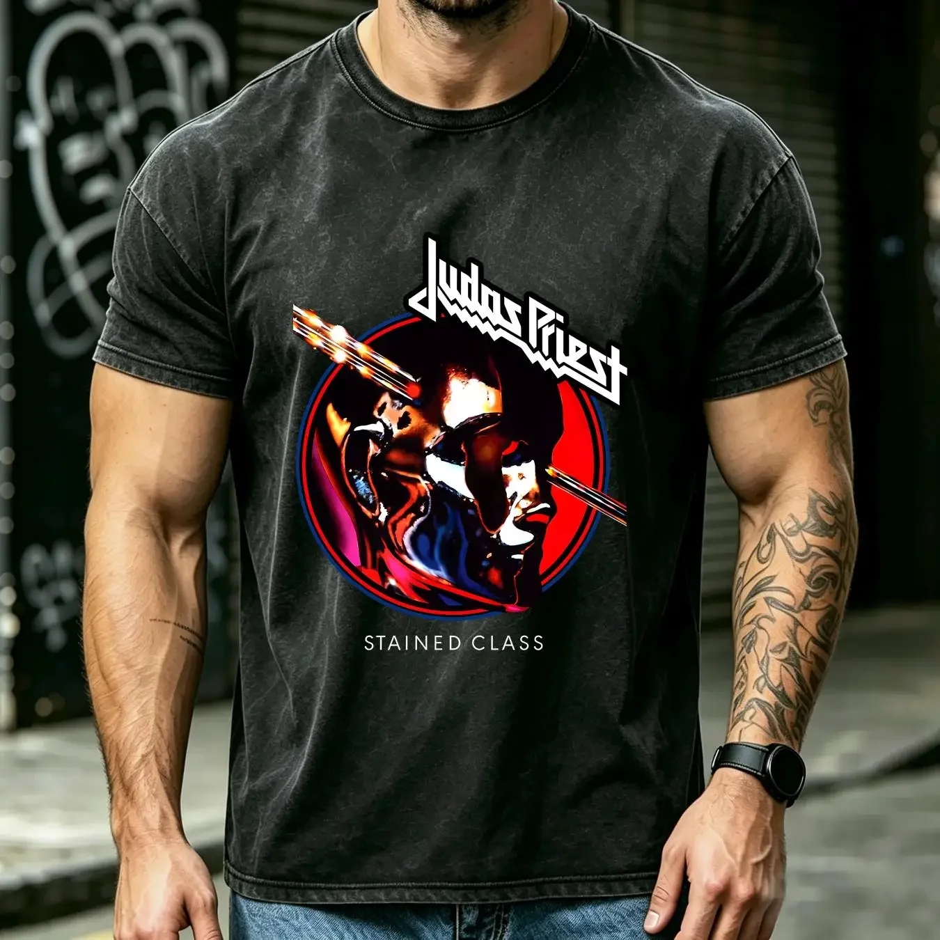 washed T Shirt judas priest stained class album circle vintage Washed streetwear Casual Stretched Top For Everyday Wear