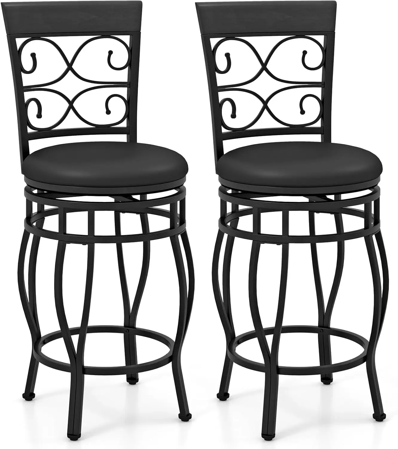 Costway Bar Stools Set Of 2, 25.5 Inch Counter Height Swivel Bar Stool, With Backrest & Footrest, Retro Style 360°Swivel