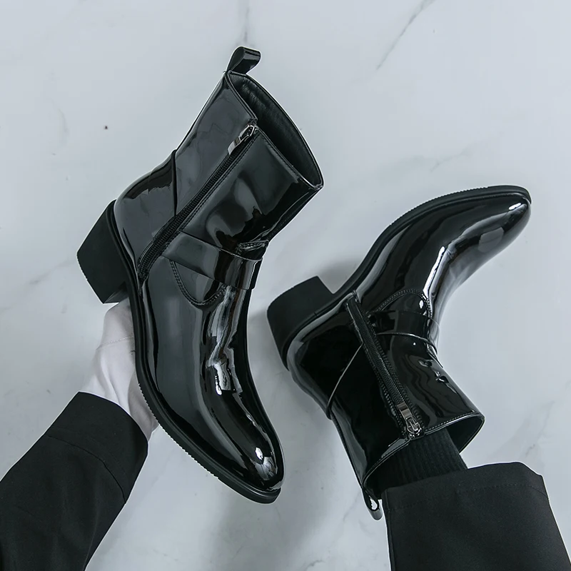 Męskie buty za kostkę z PU, szpiczasty nosek, modne, wygodne, na wysokim obcasie.