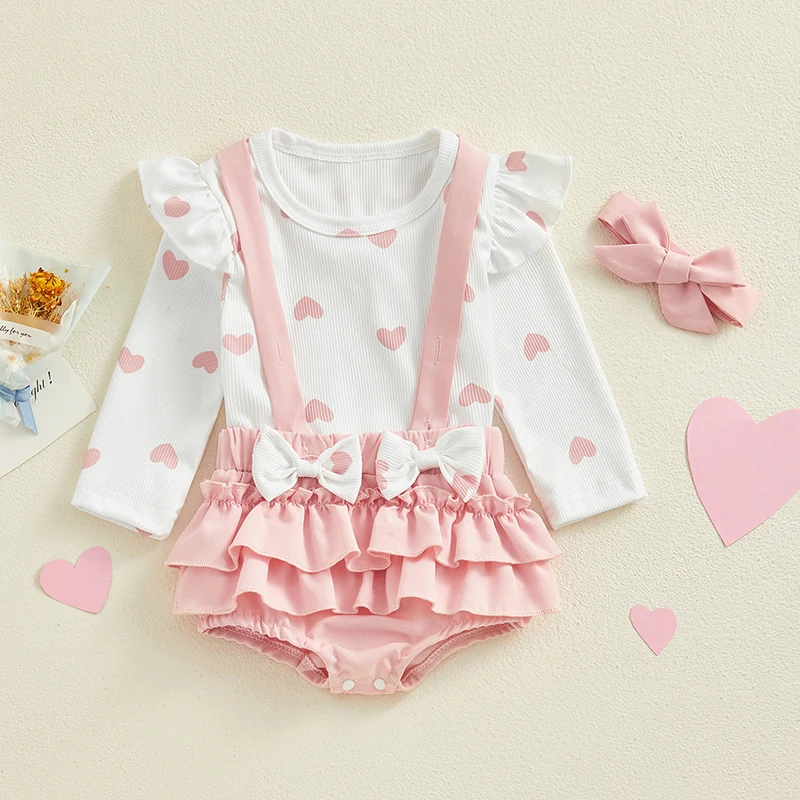 

Baby Girl Valentines Day Outfit Long Sleeve Heart Print Tops Suspender Shorts Headband Spring Sets