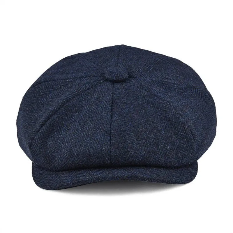 Wool Tweed Navy Blue Herringbone Newsboy Cap Men 8-Quarter Panel Cabbie Flat Caps Women Driver Beret Hat