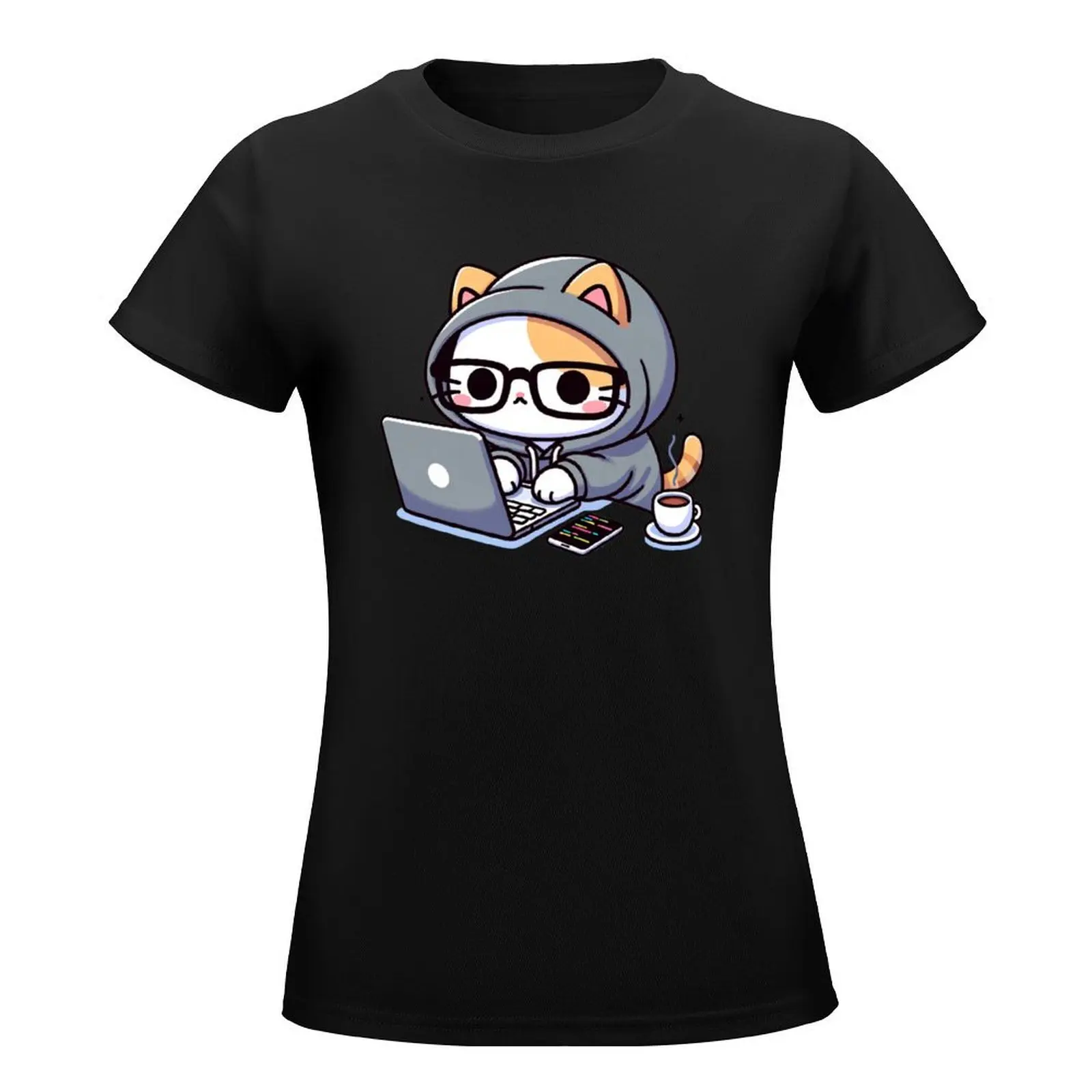 Coder Cat: Coffee-Fueled Sessions T-Shirt summer tops aesthetic clothes animal print shirt for girls Blouse woman t shirt