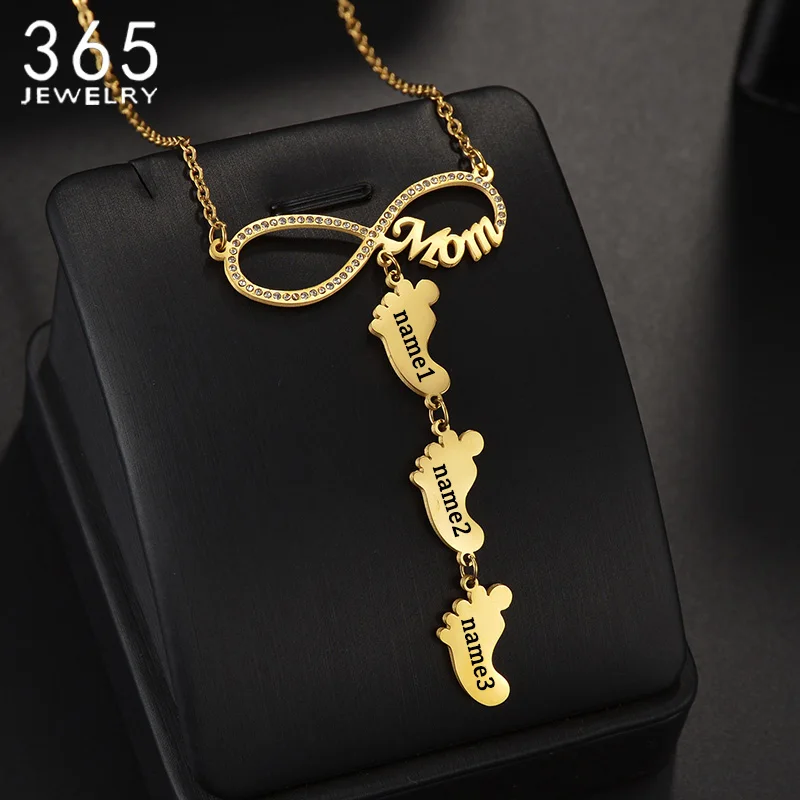 Infinity Love Mom Small Foot Pendant Customized Necklace Personalized Jewelry Engrave Name For Children Mon Birthday Party Gift