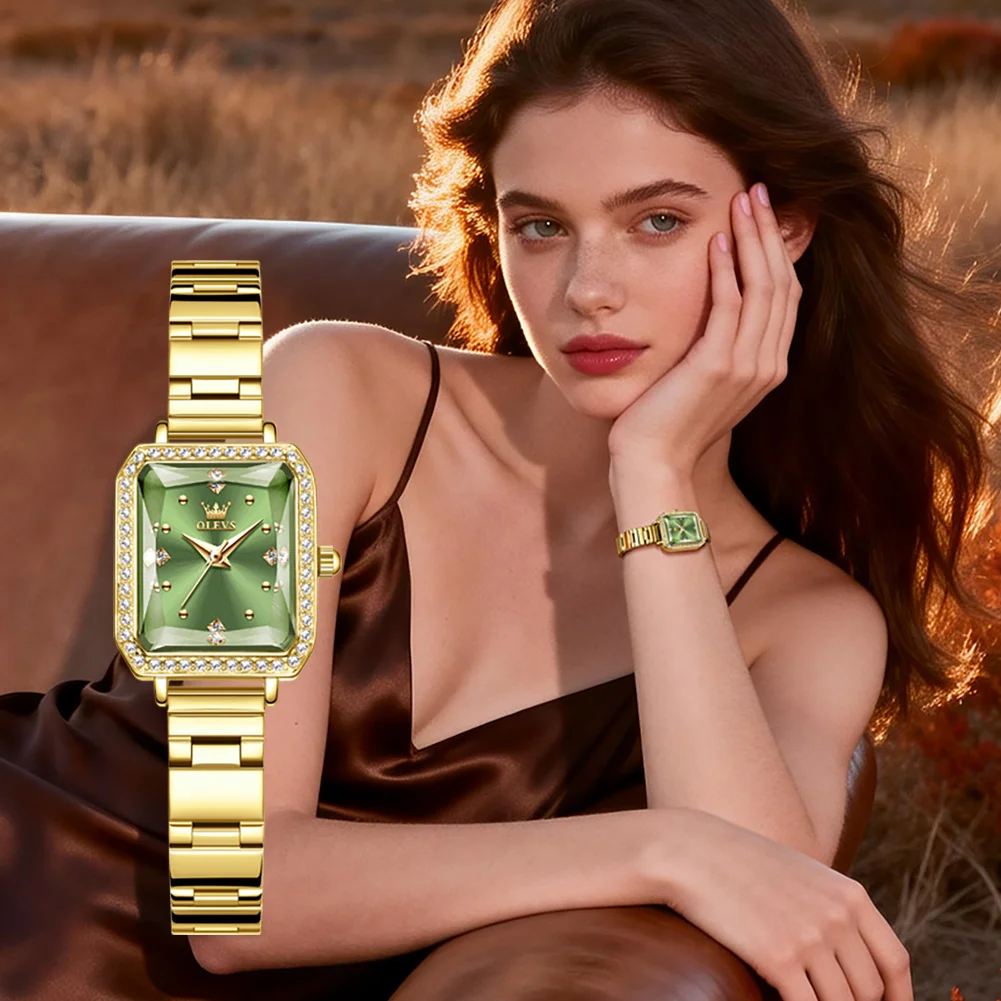 OLEVS Luxury Quartz Watches for Women Fashion Square Dial Diamond Bezel Retro Elegant Steel Strap Waterproof Ladies Watches 5688