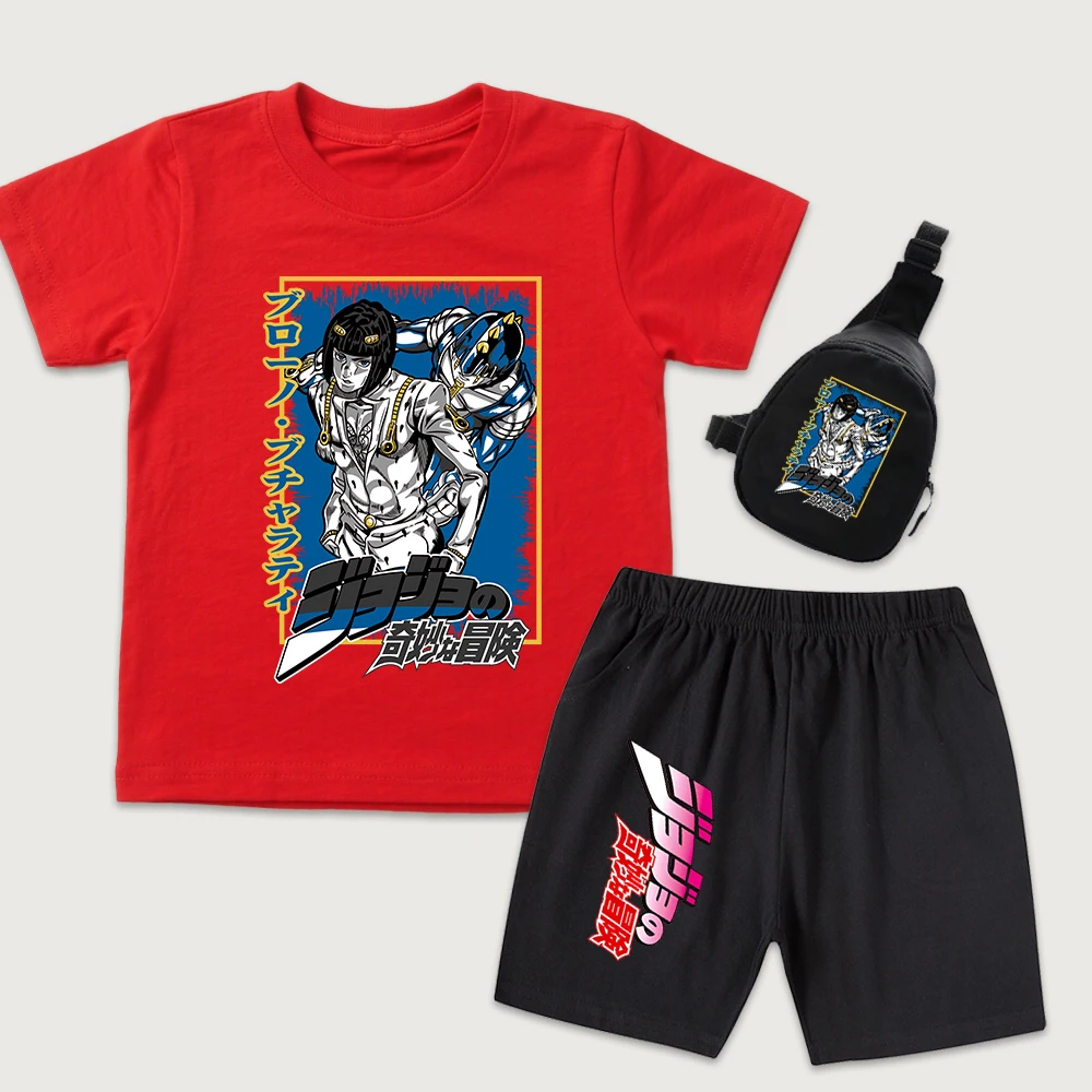 Jojo Bruno Bucciarati Anime Print Kids Cotton T Shirt Shorts Mini Chest Bag 3 Piece Set for Boys Girls Casual Summer Outfit