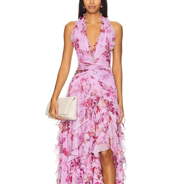 2025 nova feminina floral impressão em camadas bainha colarinho dr transoceanic sle l vento meados de cintura malha saia de fadas