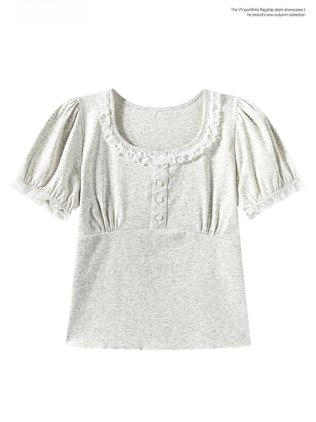 Korean Style Short Sleeve T-Shirt Women's Slim Fit Square Collar Lace  Knot Bubble Capris Summer Fashionable Top