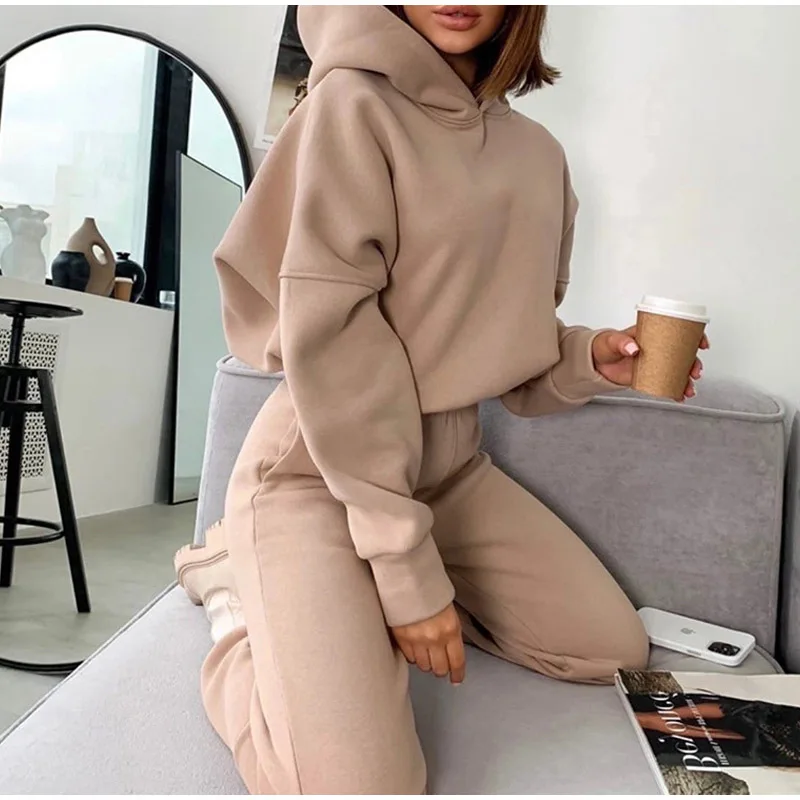 الخريف الشتاء رياضية المرأة قطعتين مجموعة بسيطة هوديي Sweatpants بلون ملابس رياضية البدلة | طقم بنطلون سويت شيرت كاجوال