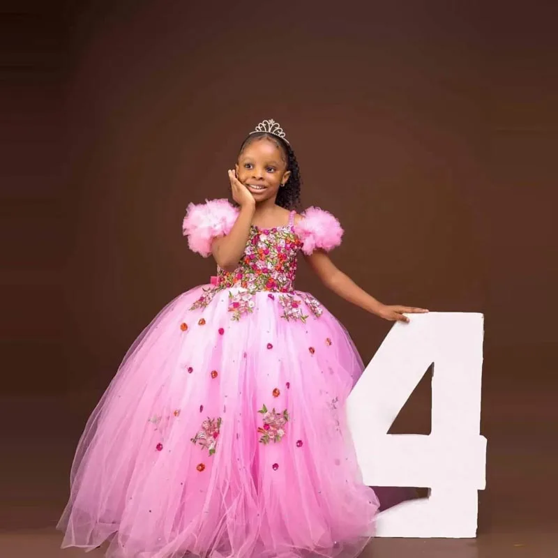 Princess Sweet Pink 3D Florals Appliques Tulle Gowns Kids Fully Ruffled Pleated Sleeve Flower Girls Dresses A-line Party Dress