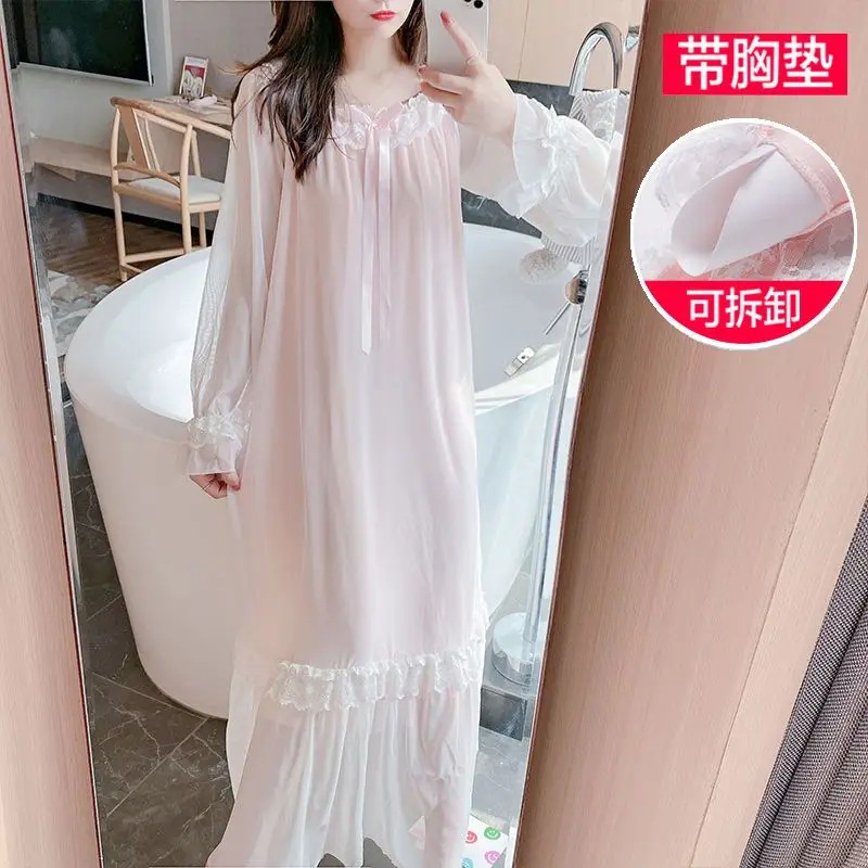 Fairy Nightwear Lace Women\'s Autumn Long-sleeved Modal Vintage Nightgown Nightdress Princess Kawaii Girl Sleepwear