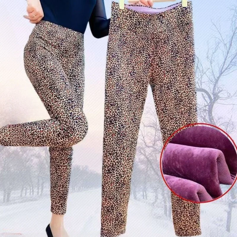 Plus size Odzież damska Casual All-Match Spodnie ołówkowe Leopard Fleece Legginsy Retro Office Lady\'s Basic Trousers Nowa odzież wierzchnia