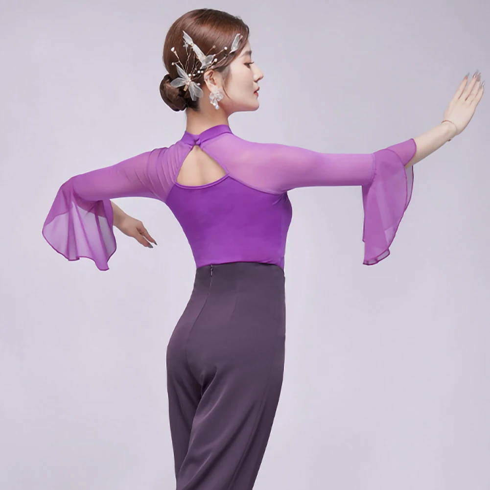 Manica in corno Top da ballo latino Ballo da sala Palla viola Scollo a V Samba Nero Blu Camicia da pratica di danza da donna Nuovo