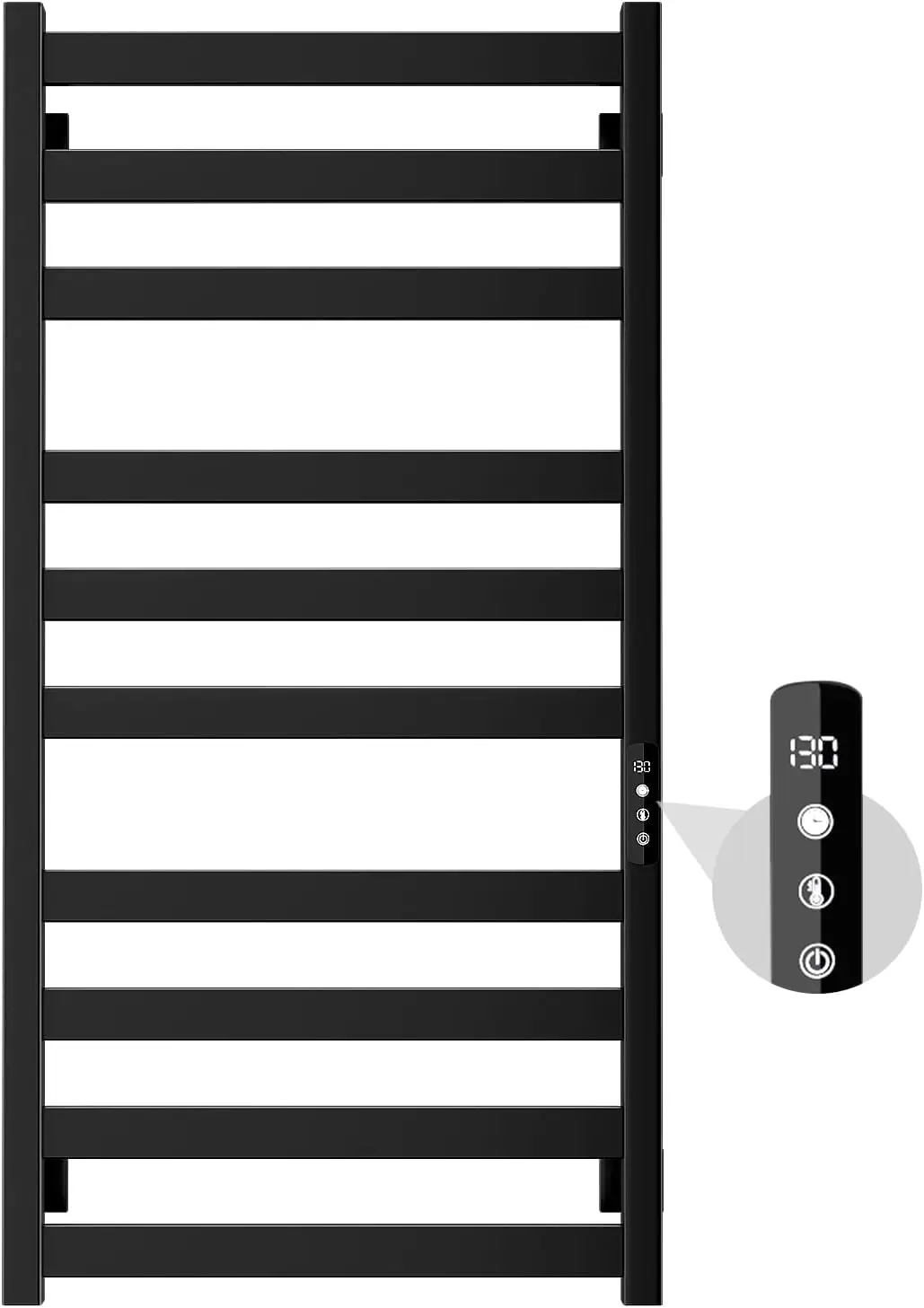 

Stainless Steel Towel Warater Rack with Touch Screen Timer, Wall Mounted for Bathroom - 10 Bars, Hardwired/Plug-in, Black