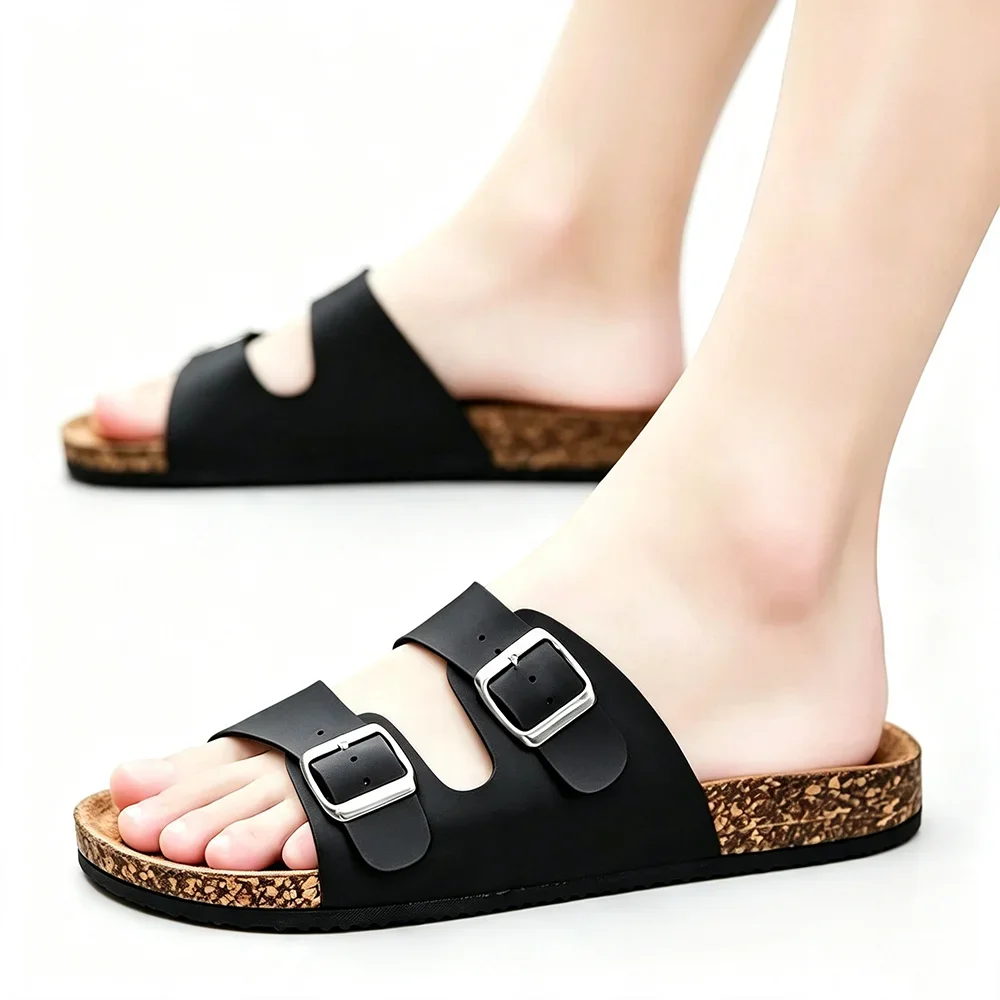 Summer Cork Slippers Double Buckle Strap Sandals Men Women Casual Beach Shoes Lightweight Non Slip Outdoor Flat Slides