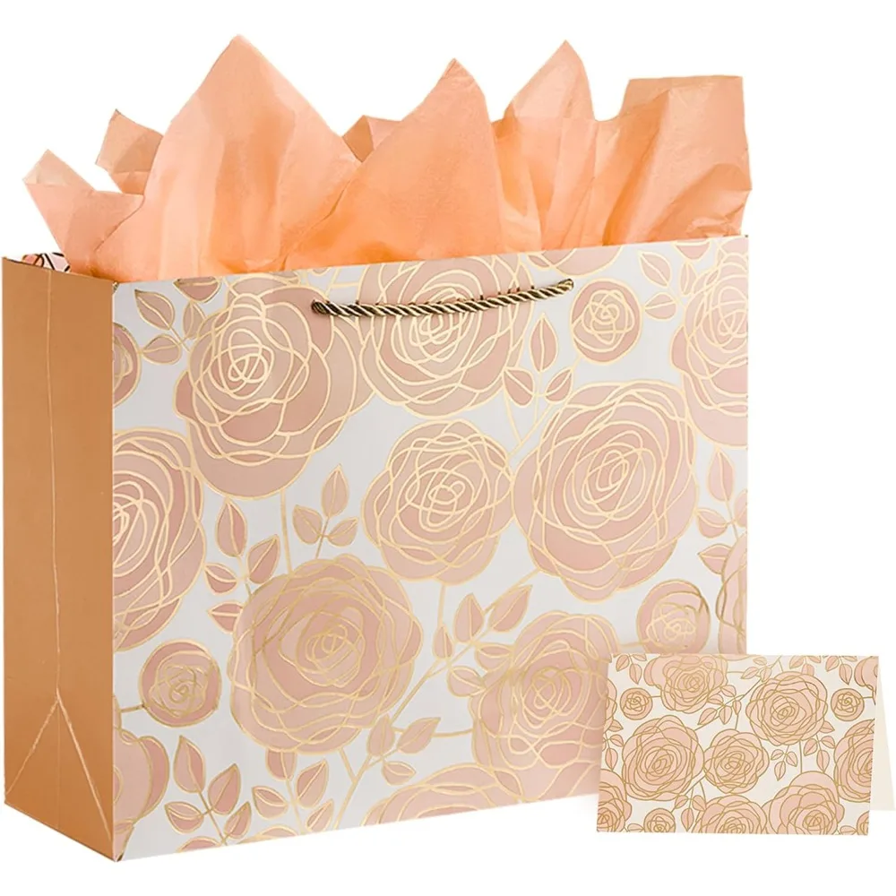 

Large Gift Bag with Tissue Paper and Card, Rose Gold, Large 13W x 10.2H x 4.7D inches, for Wedding, Birthday, Baby Show
