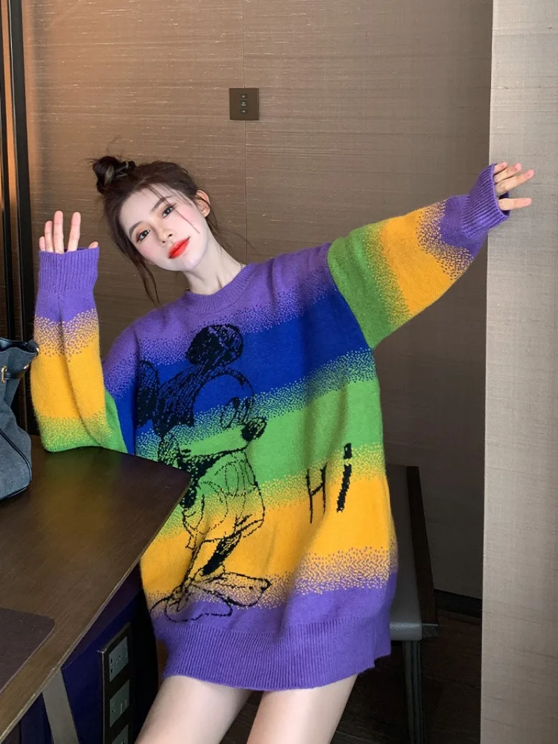 Disney Mickey Sweaters for Women Loose and Comfortable Cartoon Coat Female Mid Length Version Rainbow Thicken Kawaii Tops