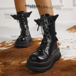 Stivali da moto da donna con plateau fibbia con zeppa spessa scarpe a metà polpaccio Luxury Punk Goth Cosplay Lolita Holloween wotter Boots