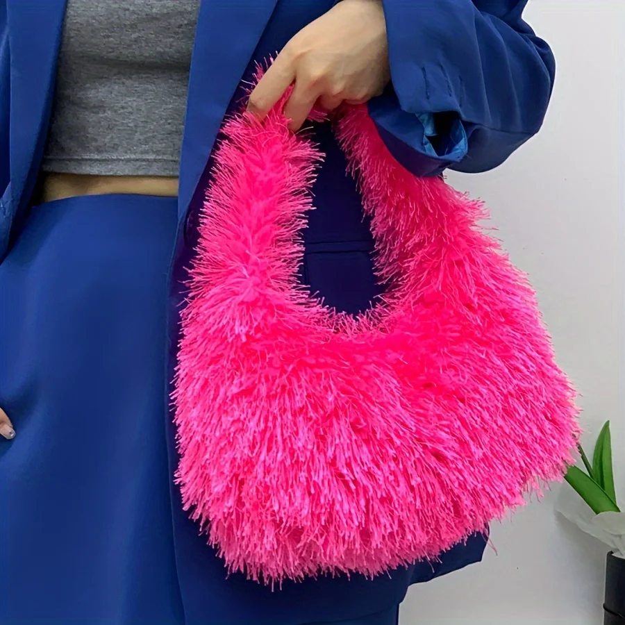 Plush Tassel Handbag for Women Y2K Faux Fur Clutch Purse Trendy Fluffy  Women Satchels Tote Bag Casual Girl Travel Cosmetic Case