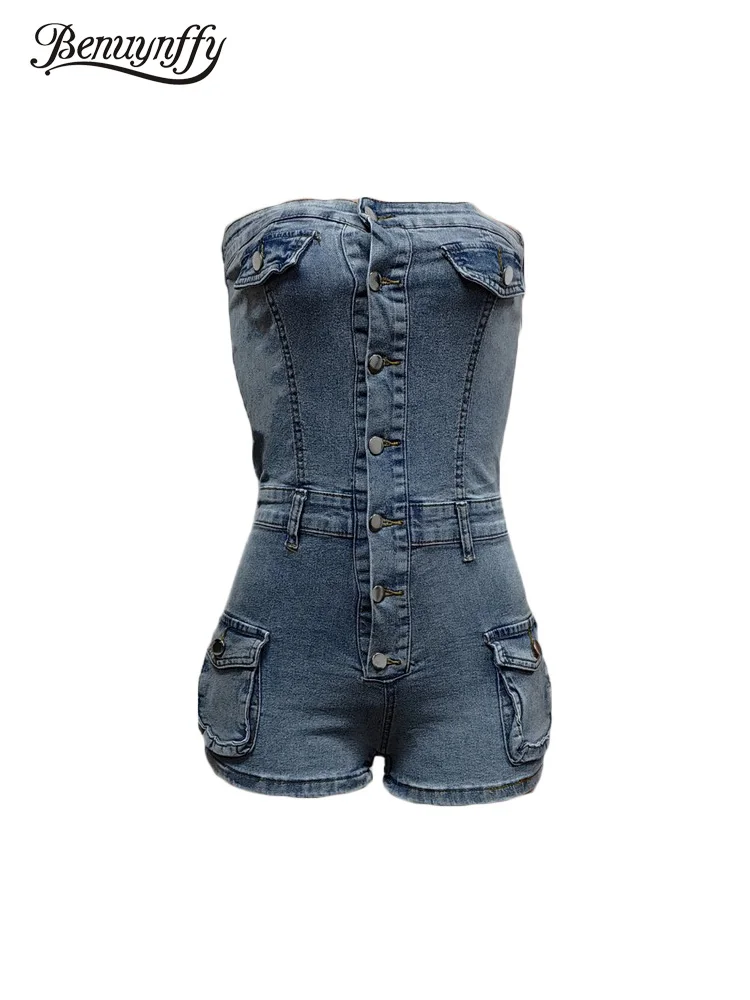 

Benuynffy Summer Sexy Strapless Denim Jumpsuit Romper Women Club Party Streetwear Single Breasted Sleeveless Jumpsuit Shorts