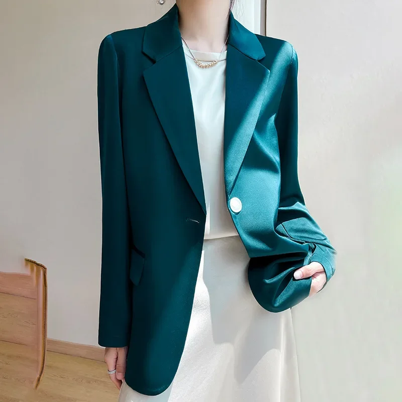 Spring Blazers for Women Suits Sun Protection Jacket Ladies Satin Drape Silky Soft Long Sleeve Suit Clothing Lapel Autumn Coats