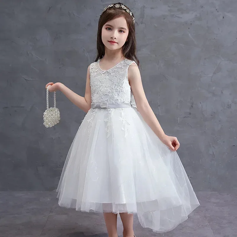 White children's wedding dress princess skirt spring children's clothing 2022 vintage sleeveless high waisted fluffy dress