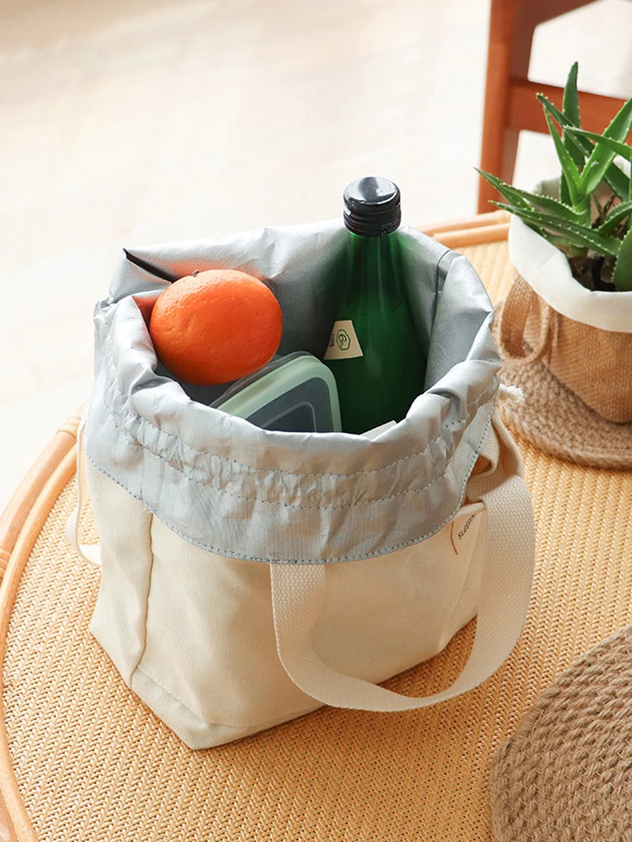 Isolierte Lunchtasche aus Segeltuch mit Kordelzug, verdickte Aluminiumfolie, Thermo-Bento-Box, Tragetasche, Kühler, Handtaschen für Büro, Picknick im Freien – Detail 10