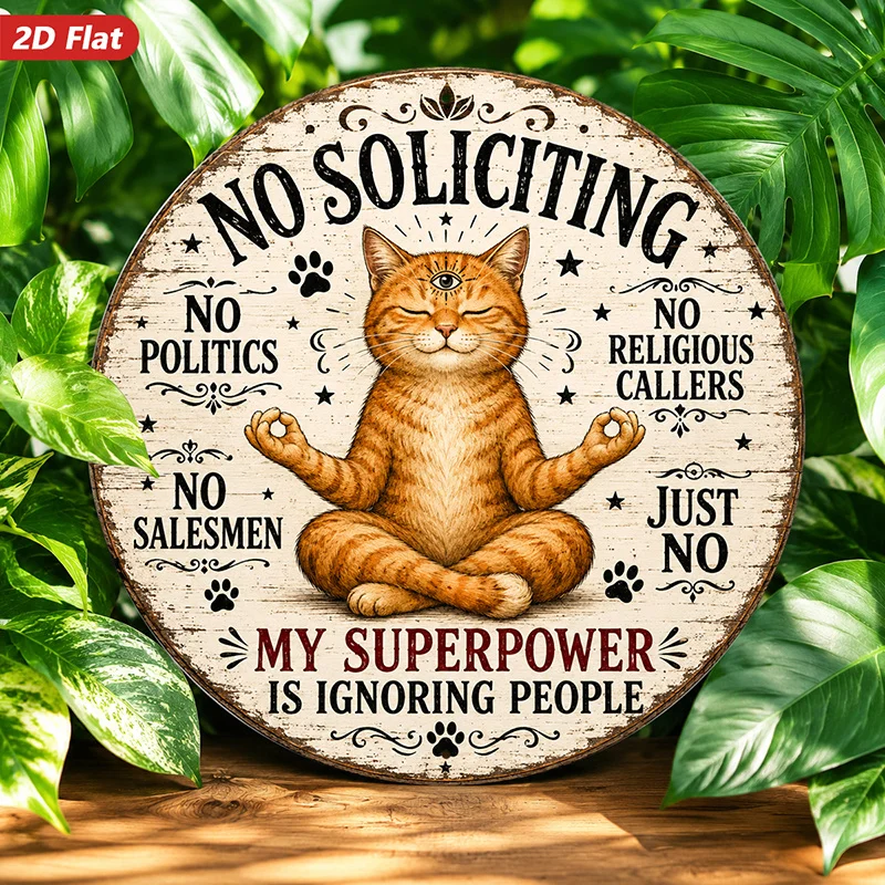 2D Flat, 1pc No Soliciting Sign Suitable for Porch, Courtyard, Office - Zen Orange Cat Wall Decor with 
