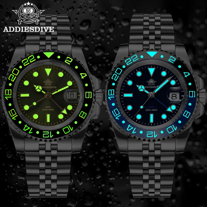 ADDIESDIVE Men GMT Watch AD2050 BGW9 Super Luminous 20Bar Waterproof 316L Stainless Steel Swiss Landa 515-24H Quartz Watches