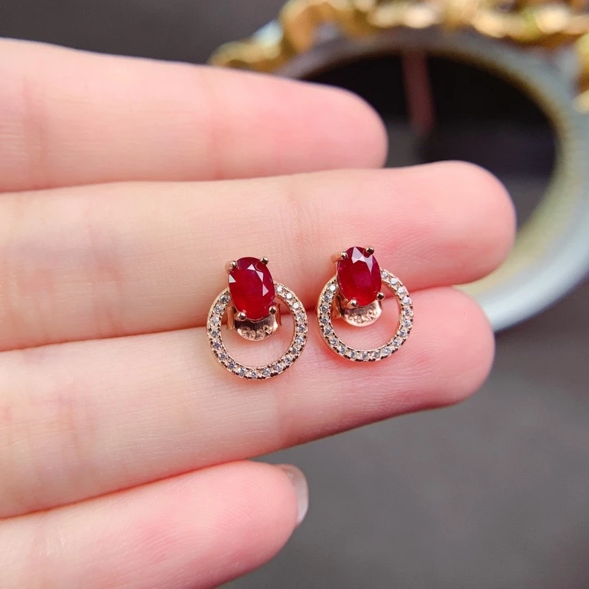 Total 1ct Natural Ruby Stud Earrings 4mm*6mm Burmese Ruby 925 Silver Jewelry Allergy Free 18K Gold Plated Gemstone Earrings