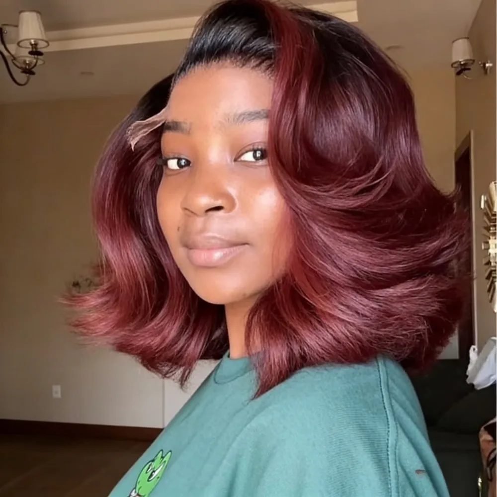 

Bob Body Wave Lace Front Wig Ombre Burgundy with Dark Roots Synthetic Wigs 13x4 Hd Synthetic for Daily Christmas Party