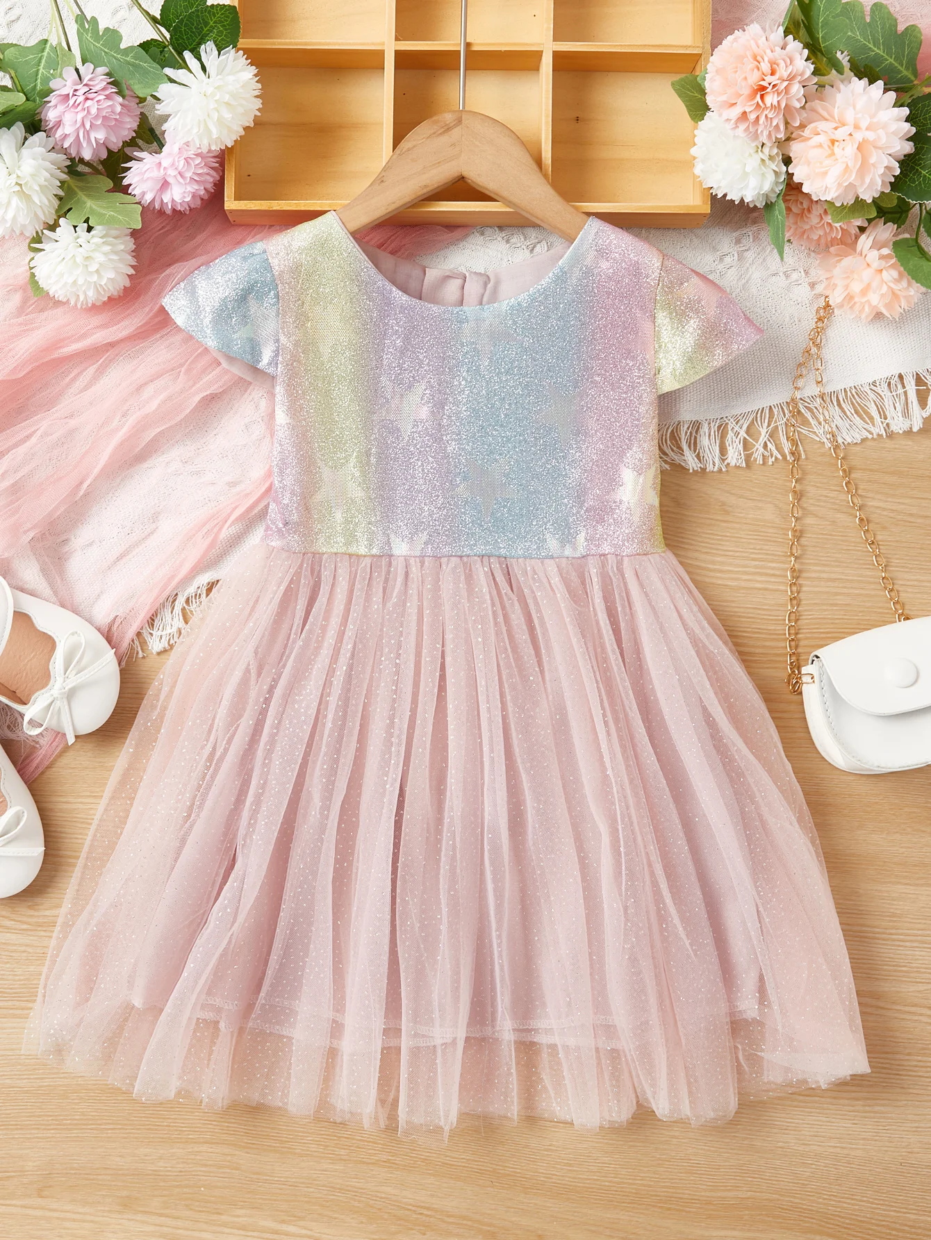 Little Girls Casual Rainbow Sequin Dress Girls cute mesh Princess dress Toddler costume