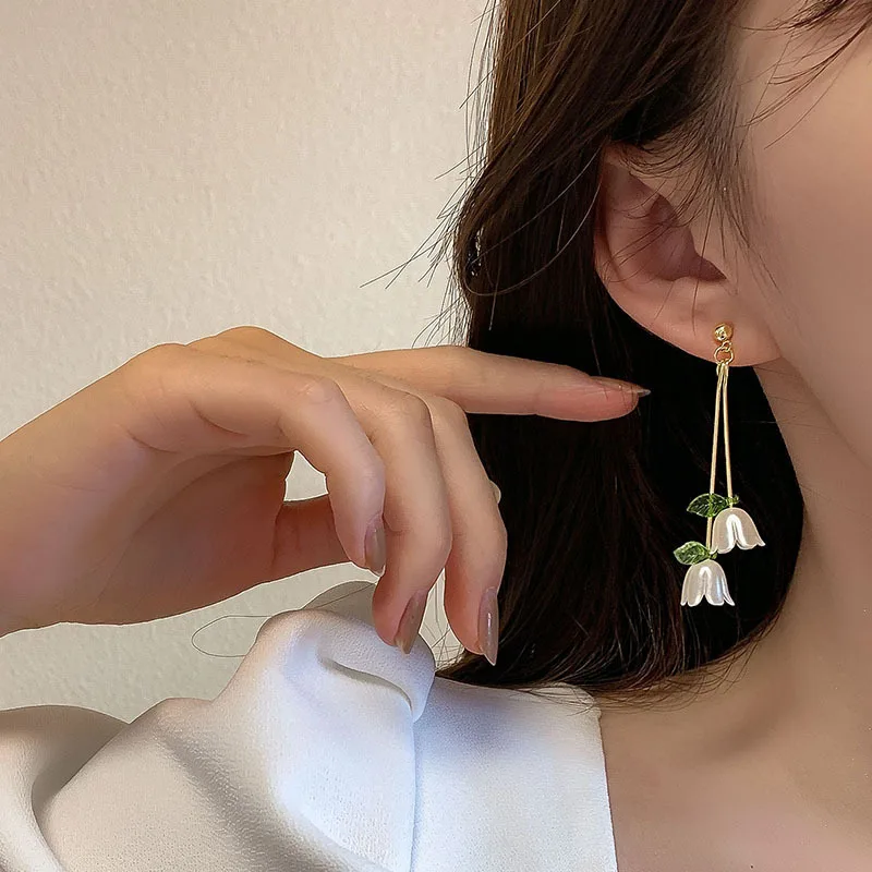 925 Silver Needle Earrings Korean Edition Bell Orchid Earrings Women's Pastoral Style Fresh Green Small Design Earrings Women