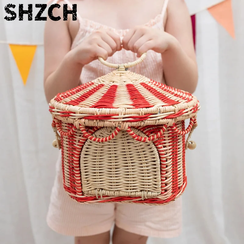 Nordic Wind Rattan Children's Toy Basket with Cover Living Room Debris Storage Basket Living Room Bedroom Dirty Basket