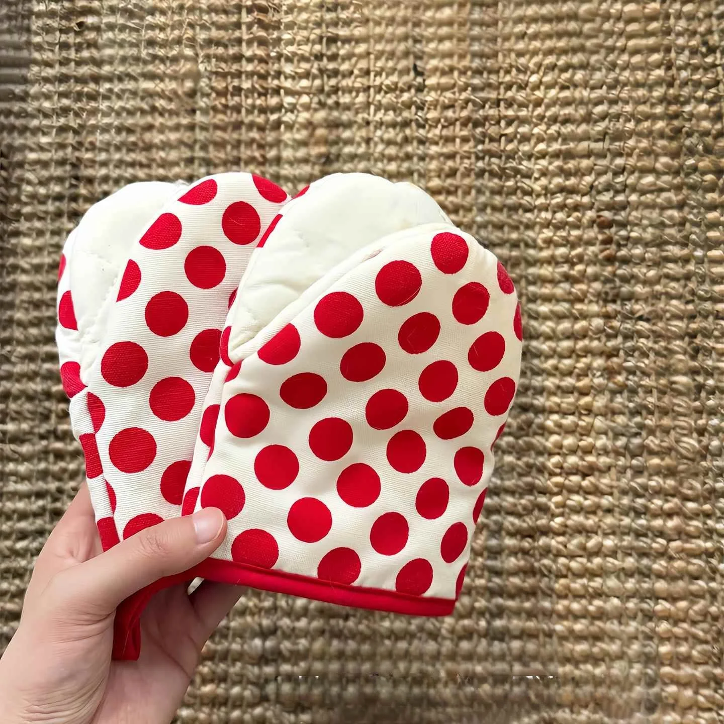 厚手の耐熱綿麻キッチン手袋、電子レンジ、ベーキング、蒸し器、オーブン用保護手袋、家庭用、水玉模様