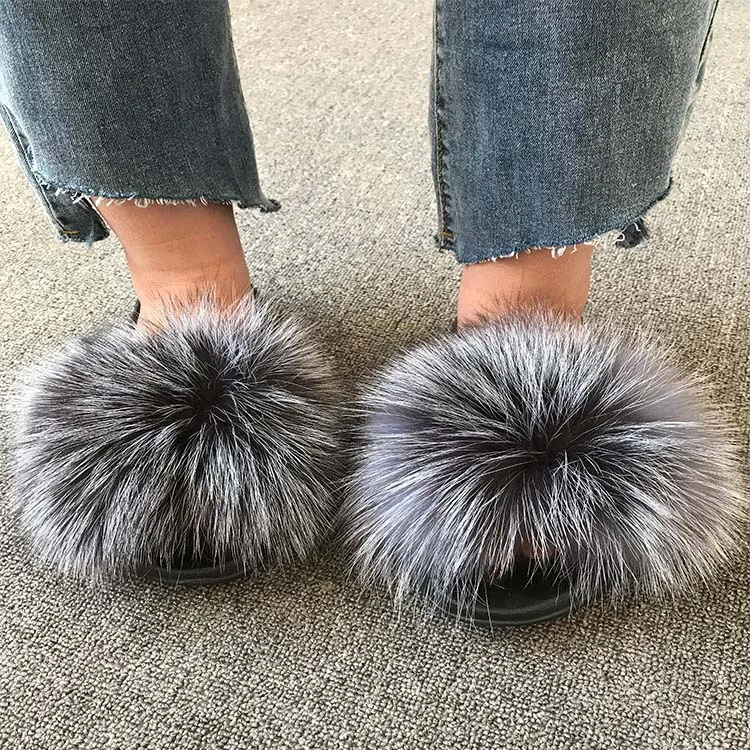 2024 Real Fox Fur Slides Wholesale Furry Sliders Women Ladies Fur Slippers hand mada amazing Quality