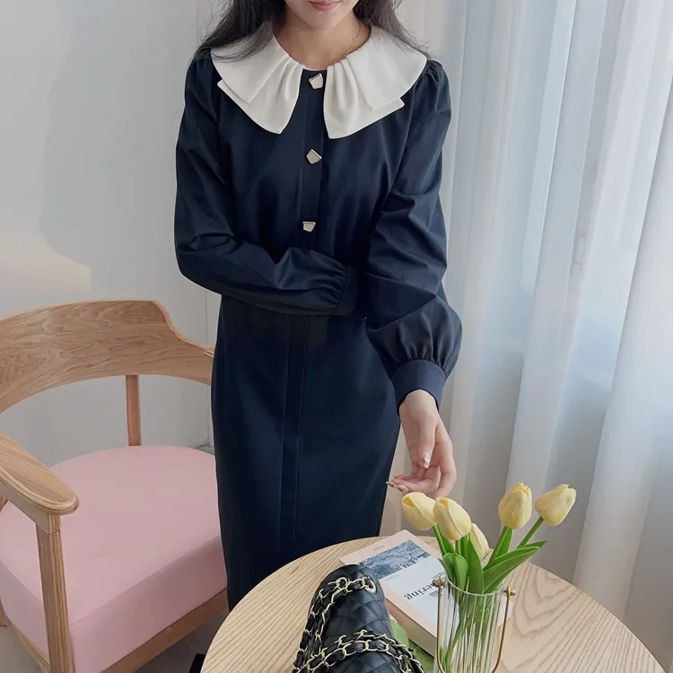 

Ele Agel Detachable Color Blo Lace Collar Lantern Sve Waist Cinched Dr Spring Faion Ladies' Long Sve Dr