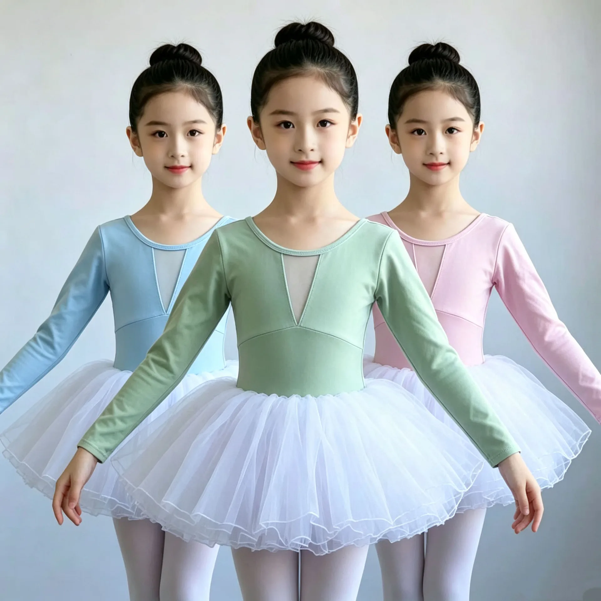 Girls Long Sleeve Ballet Leotard With Chest Pad Pocket Hollow Mesh Front Autumn Winter Chinese Folk Dance Gymnastics Costume