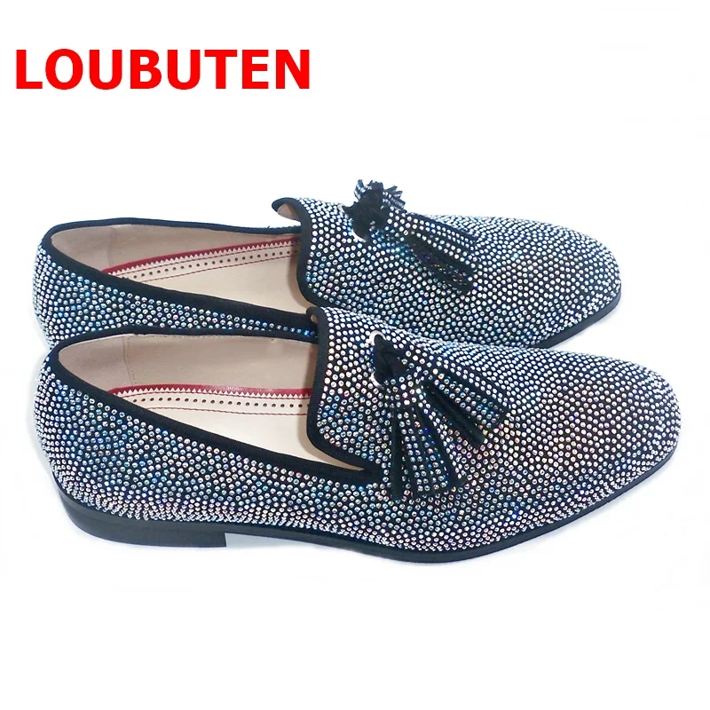 LOUBUTEN Luxury Newest Sparkled Rhinestone Loafers Tassel Men Shoes Stylish Man Dress Shoes Breathable Wedding Shoes