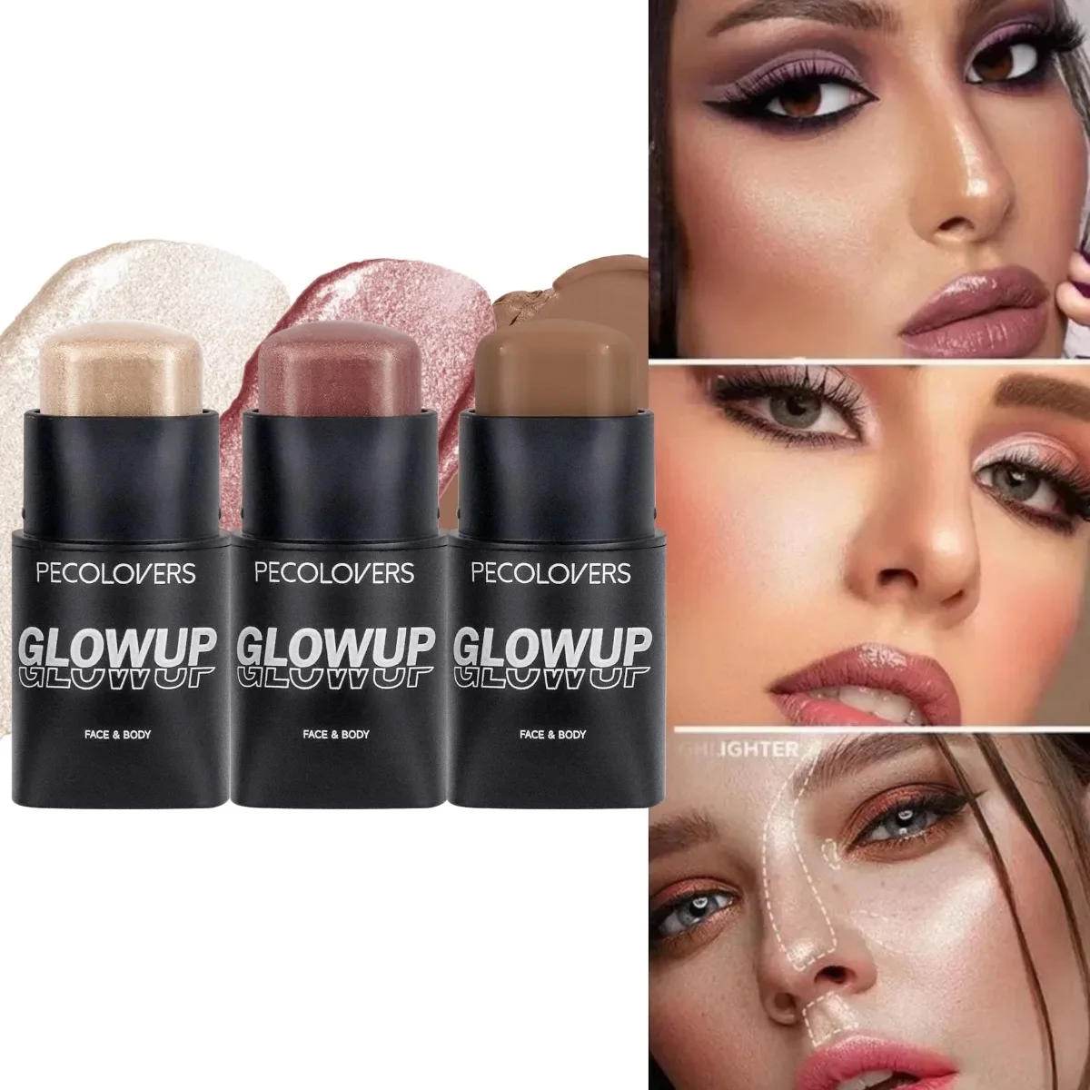 4PCS Waterproof Multifunction Face Makeup, Highlighter + Blush Powder + Facial Contour Stick, Build 3D Stereoscopic Face