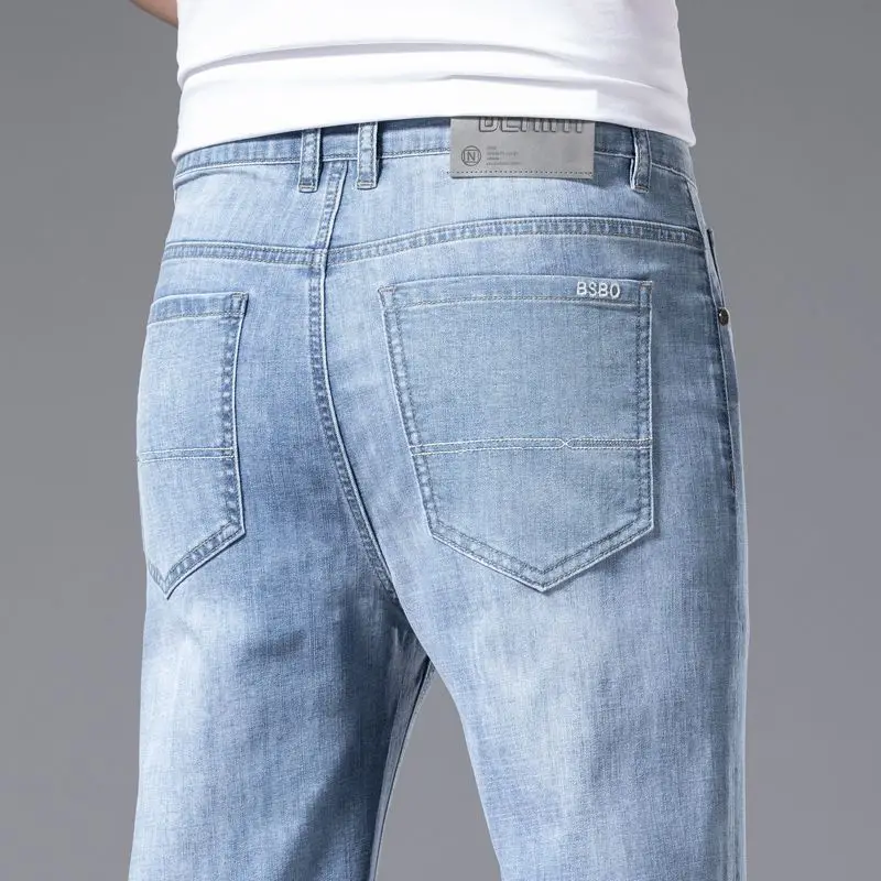 Summer Thin Stretch Jeans Men Straight Fit Denim Pants Korean Style Soft Cool Comfortable Business Casual Daily Wear Trousers