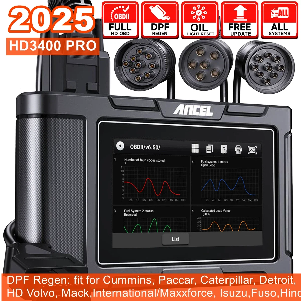 

Полная система ANCEL HD3400 Pro, сверхмощный грузовик, сканер DPF, дизельный диагностический сканер для Cummins, бесплатные пожизненные обновления
