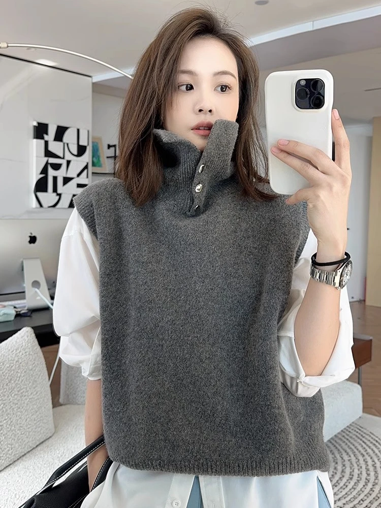 

Дизайнерская водолазка, 100% кашемировый жилет, вязаный жилет в стиле ретро, свитер без рукавов, топ